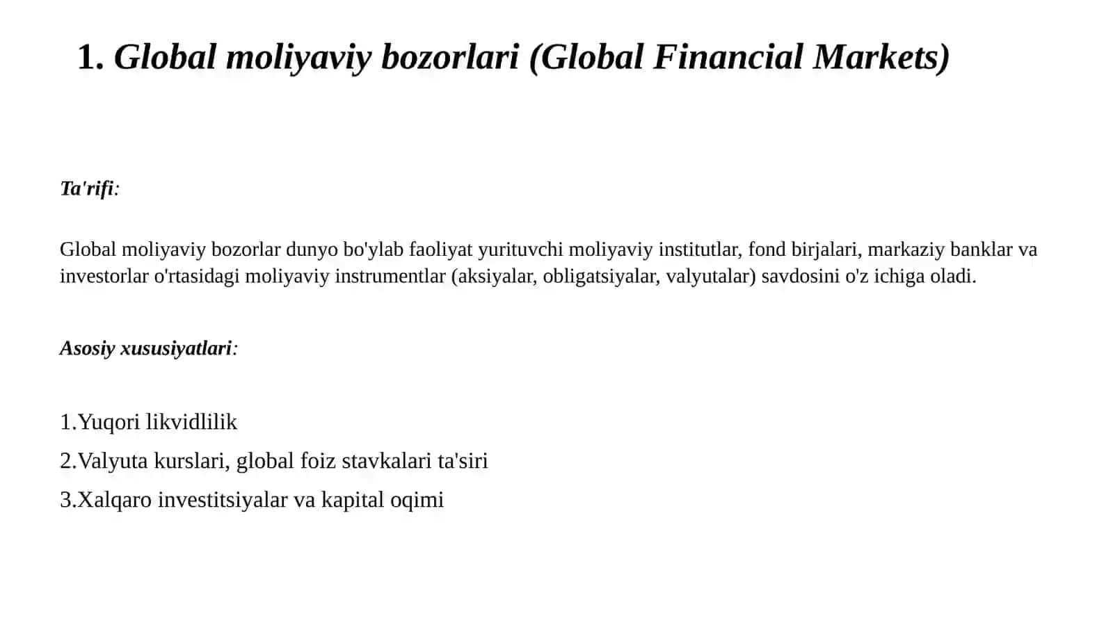 Global moliyaviy bozorlar (Global Financial Markets) 2