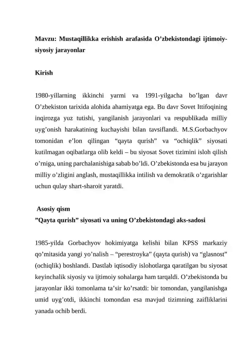 Mustaqillikka erishish arafasida O’zbekistondagi ijtimoiy-siyosiy jarayonlar 2
