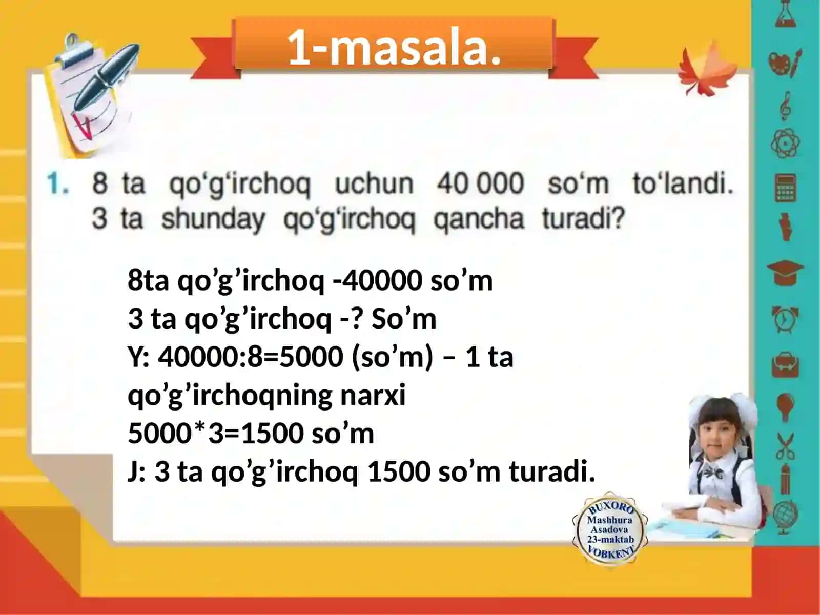 4-sinf Matematika fanidan masalalarga oid taqdimot 2