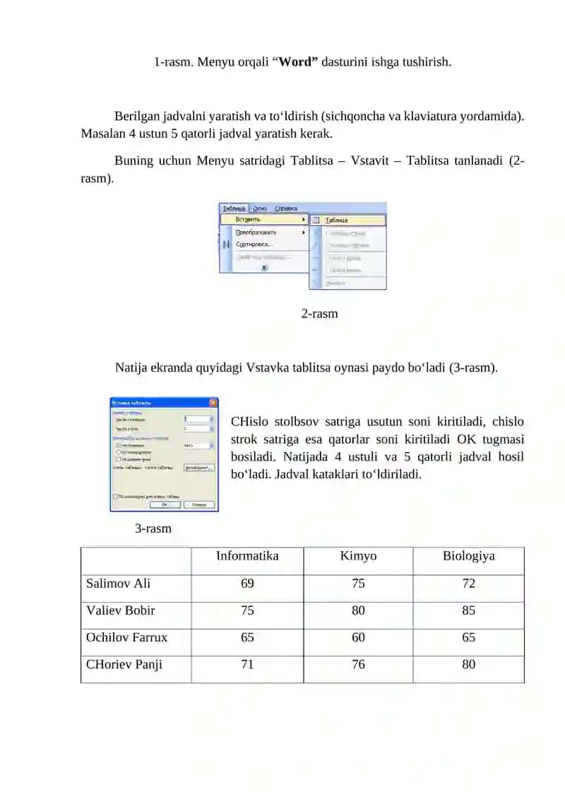 Microsoft Wordda jadval va grafiklar bilan ishlash 2