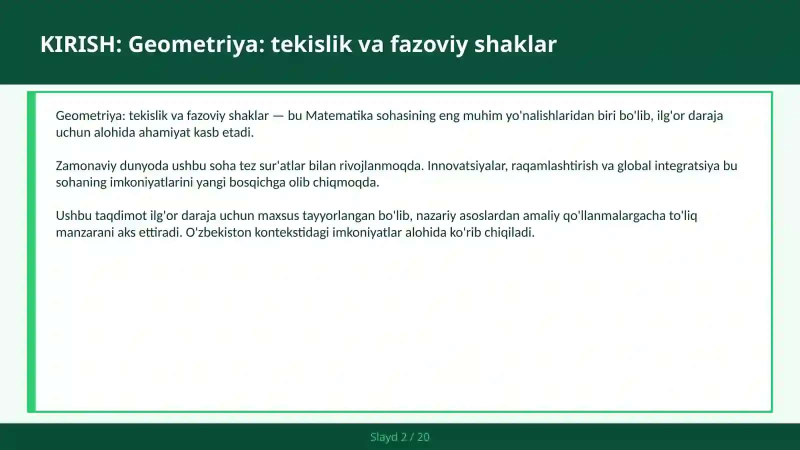 GEOMETRIYA: TEKISLIK VA FAZOVIY SHAKLAR 2