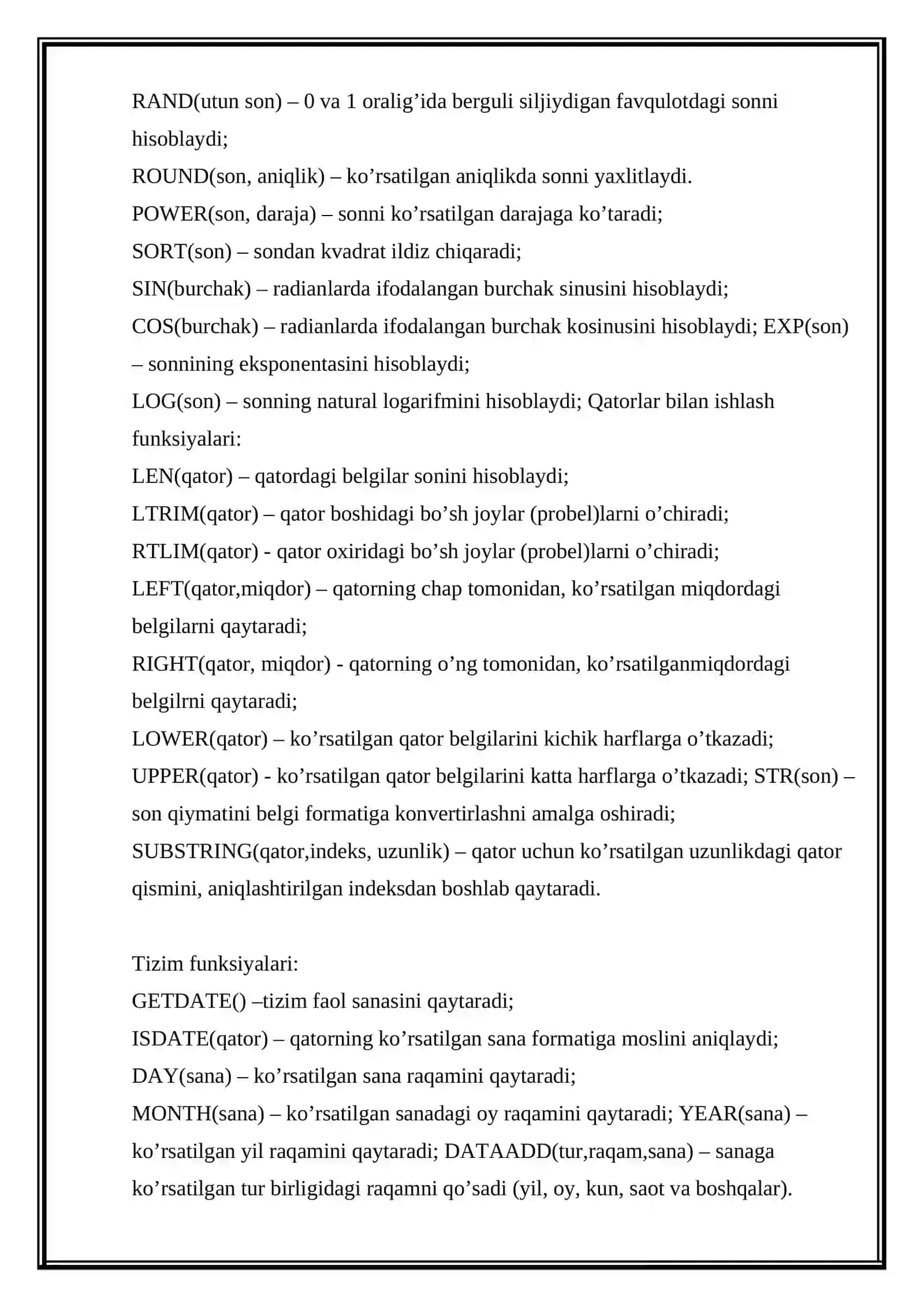 Agregat funksiyalardan foydalanish 2