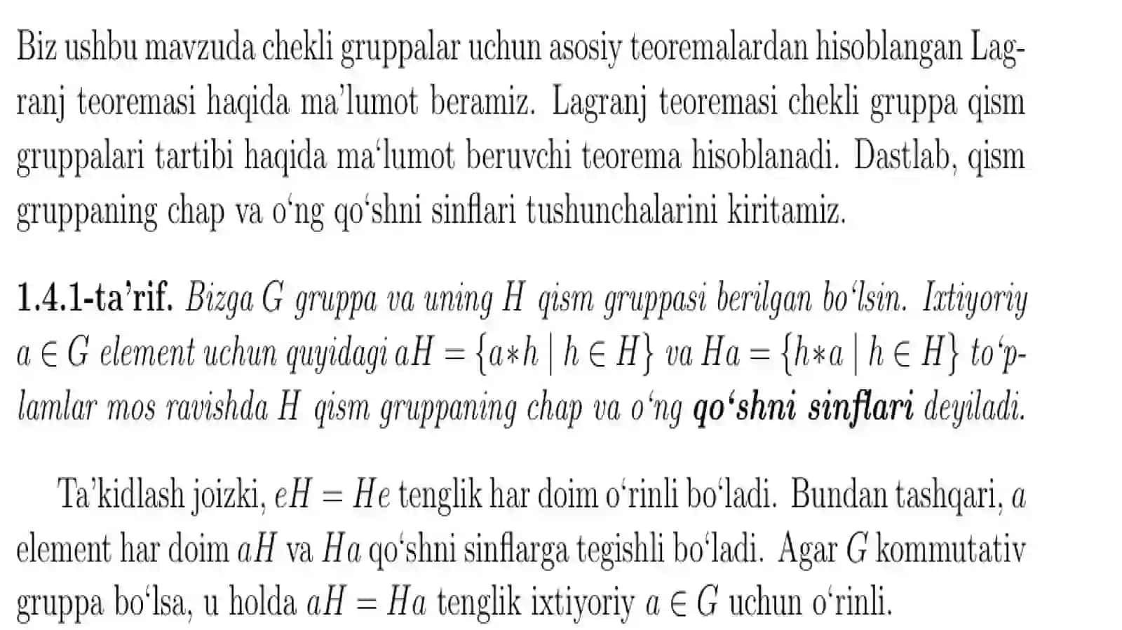 O‘NG VA CHAP QO‘SHMALIK SINFLARI, LAGRANJ TEOREMASI 2
