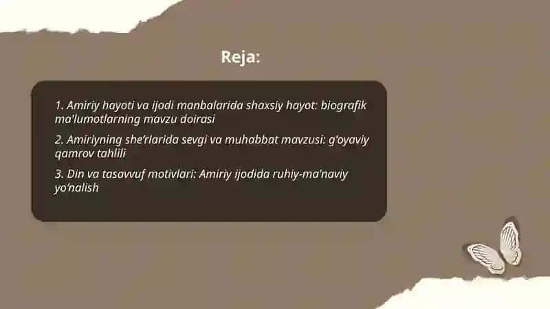 Amiriy hayoti va ijodi manbalari sherlarining mavzu doirasi va g'oyaviy qamrovi 2