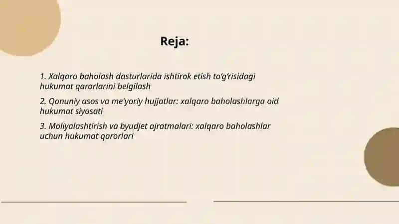 Xalqaro baholash dasturlari doirasida hukumat qarorlari 2