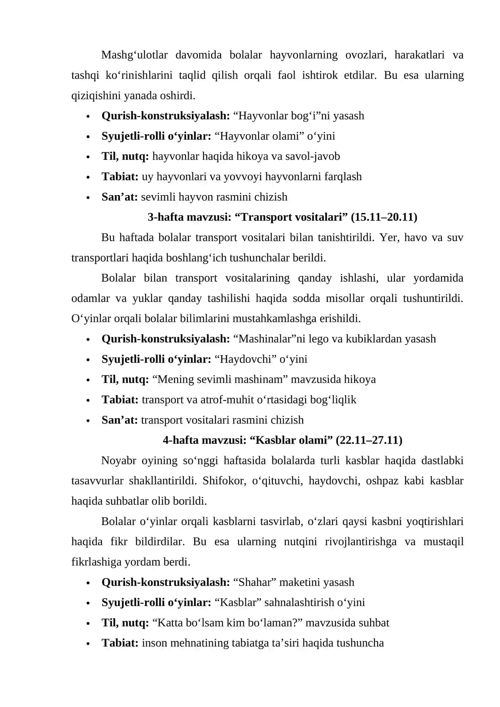 Maktabgacha ta;lim tarbiyachisi uchun Noyabr hisoboti 2