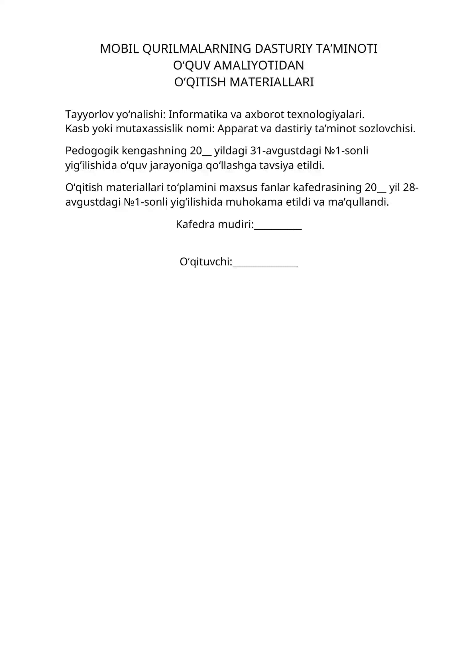 MOBIL QURILMALARNING DASTURIY TA’MINOTI O‘QUV AMALIYOTIDAN O‘QITISH MATERIALLARI 2