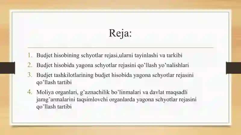 Budjet hisobining schyotlar rejasi va uning qo'llanishi 2