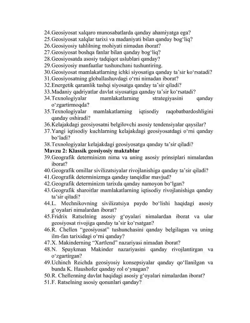 Geosiyosat fanidan savollar toʻplami. 2