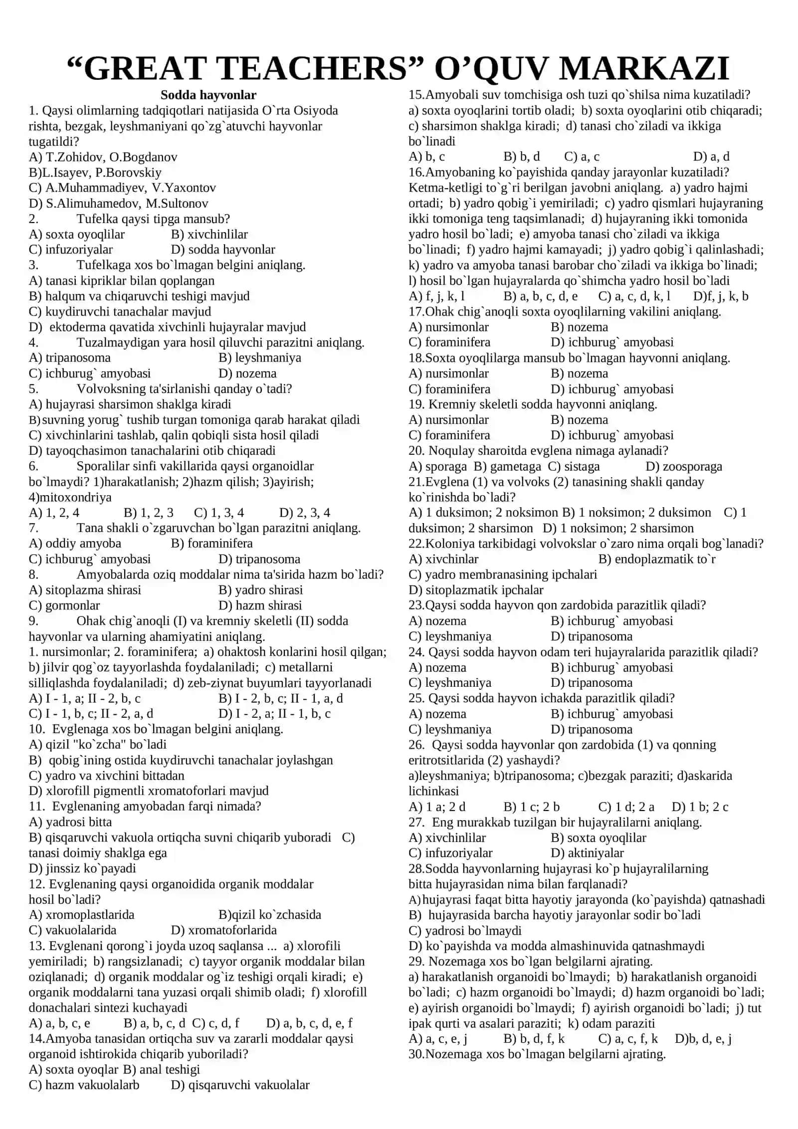 zoologiya test savollar 1000 talik 2