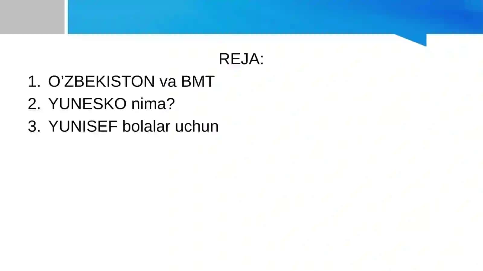 O’zbekiston va BMT. YUNESKO. YUNISEF 2