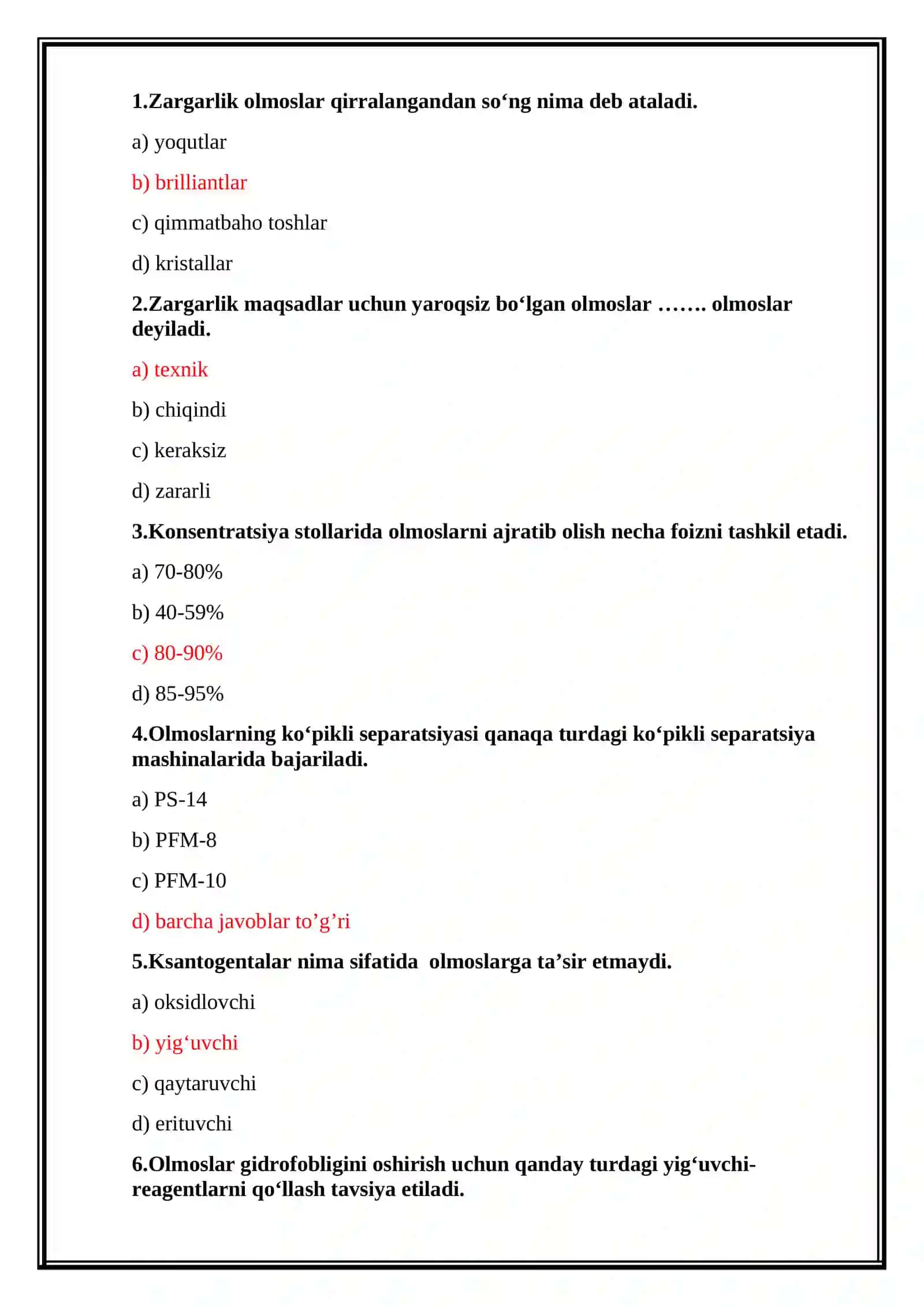 Nometall rudalarni boyitish texnologiyasi testi 2