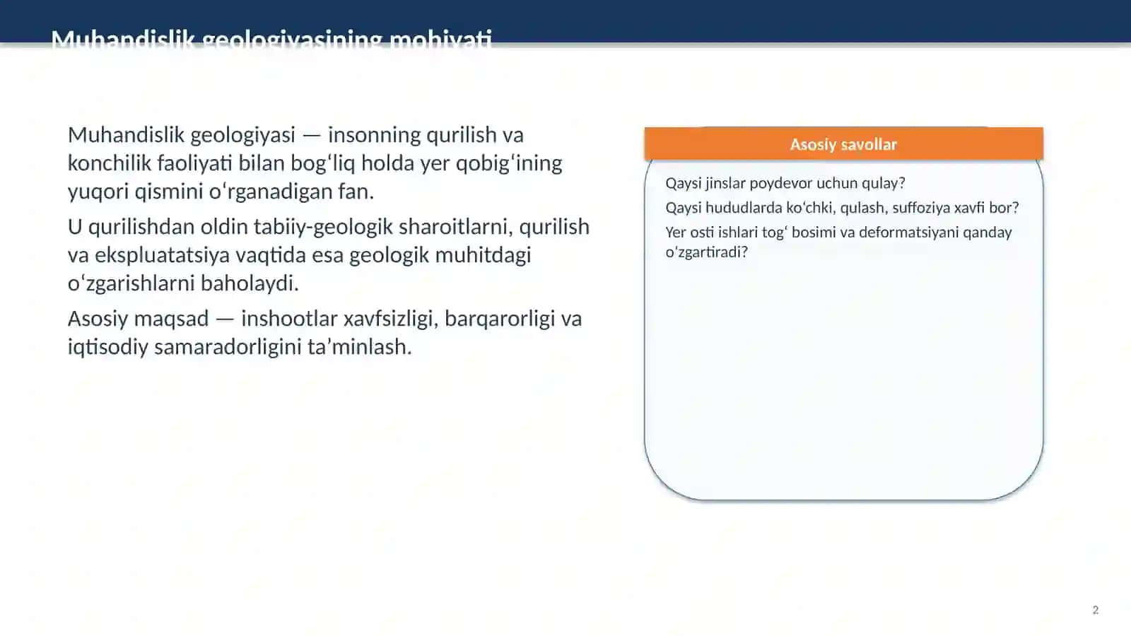 Muhandislik geologiyasi va tog‘ jinslari massivlari 2