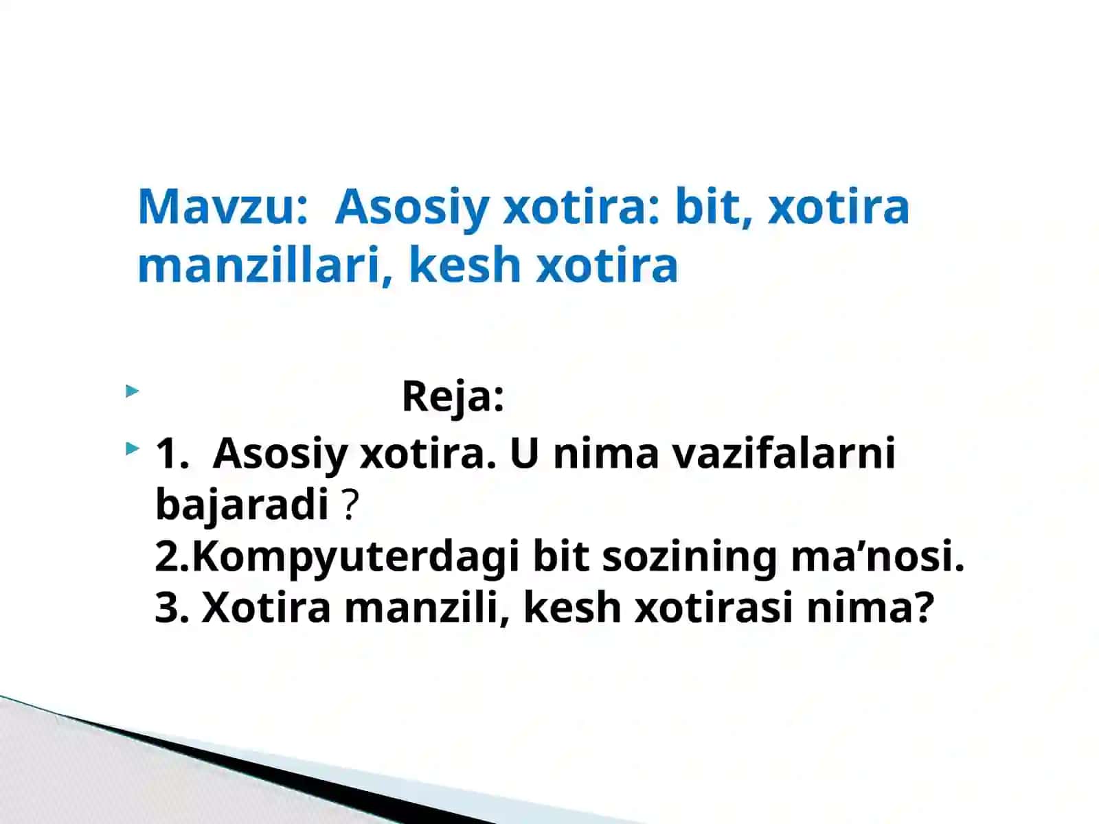 Asosiy xotira: bit, xotira manzillari, kesh xotira 2