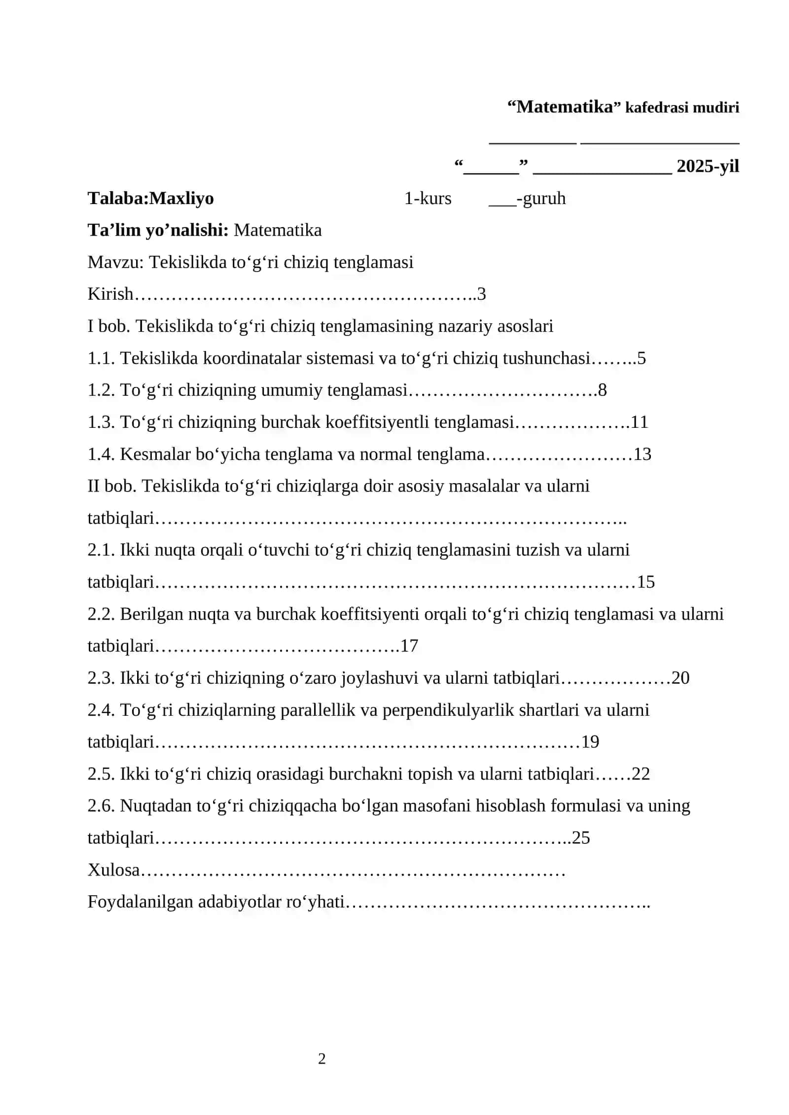 Tekislikda to'g'ri chiziq tenglamasi 2