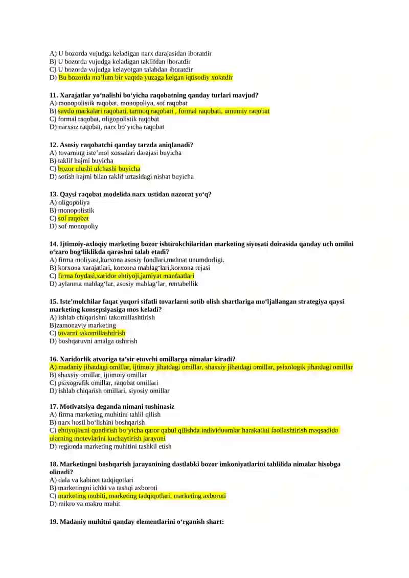 Yakuniy marketing test javoblari bilan 2