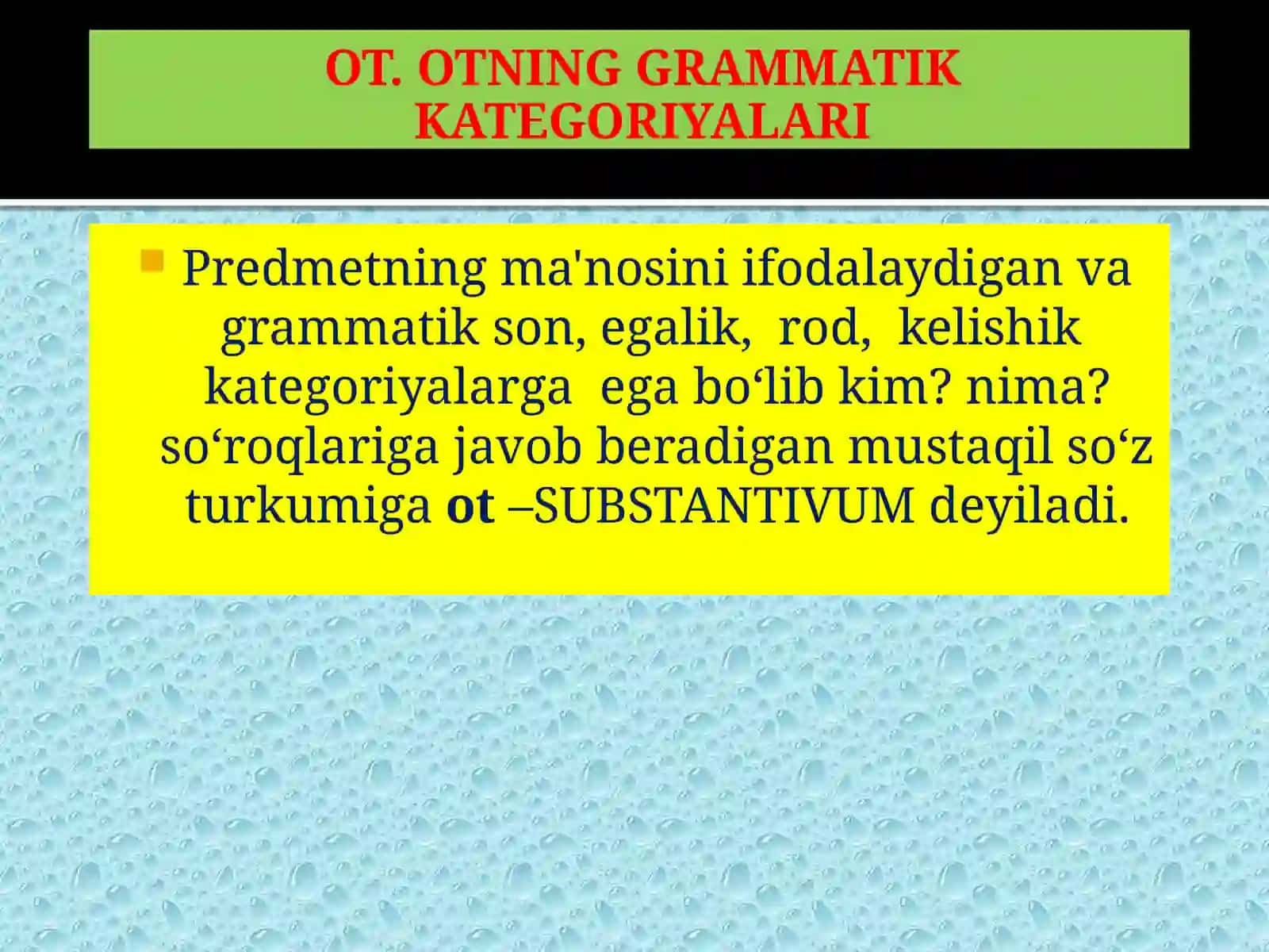 OT. OTNING GRAMMATIK KATEGORIYALARI.MOSLASHMAGAN ANIQLOVCHI 2