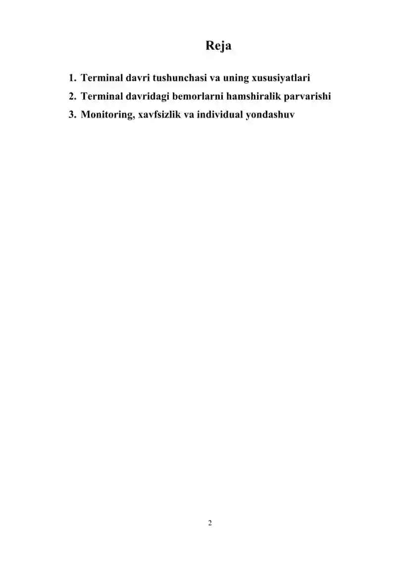 Terminal davridagi bemorlarda hamshiralik parvarishining hususiyatlari. 2