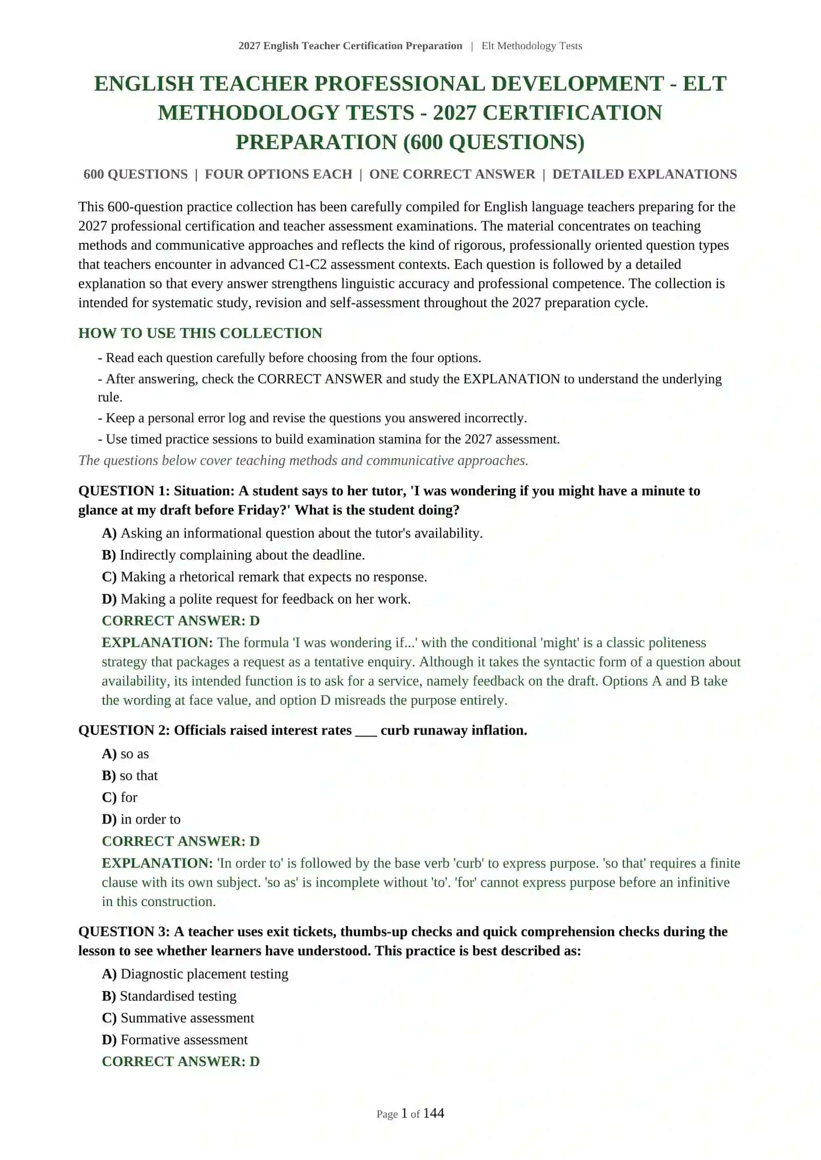 2027 English Teacher Certification Preparation | Elt Methodology Tests 2