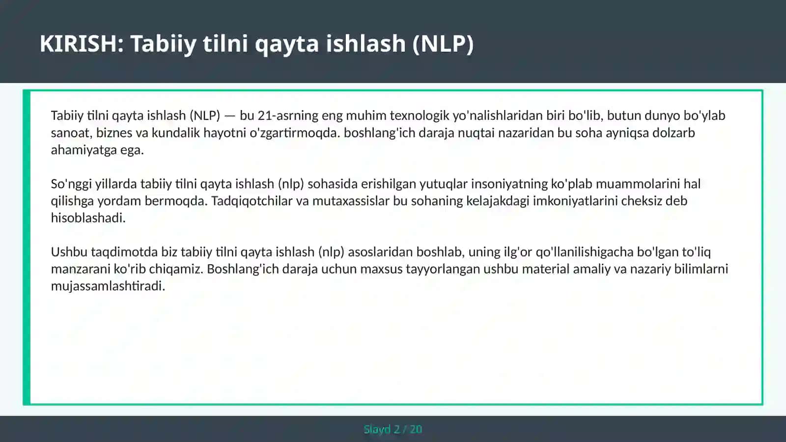 Tabiiy tilni qayta ishlash (NLP) 2