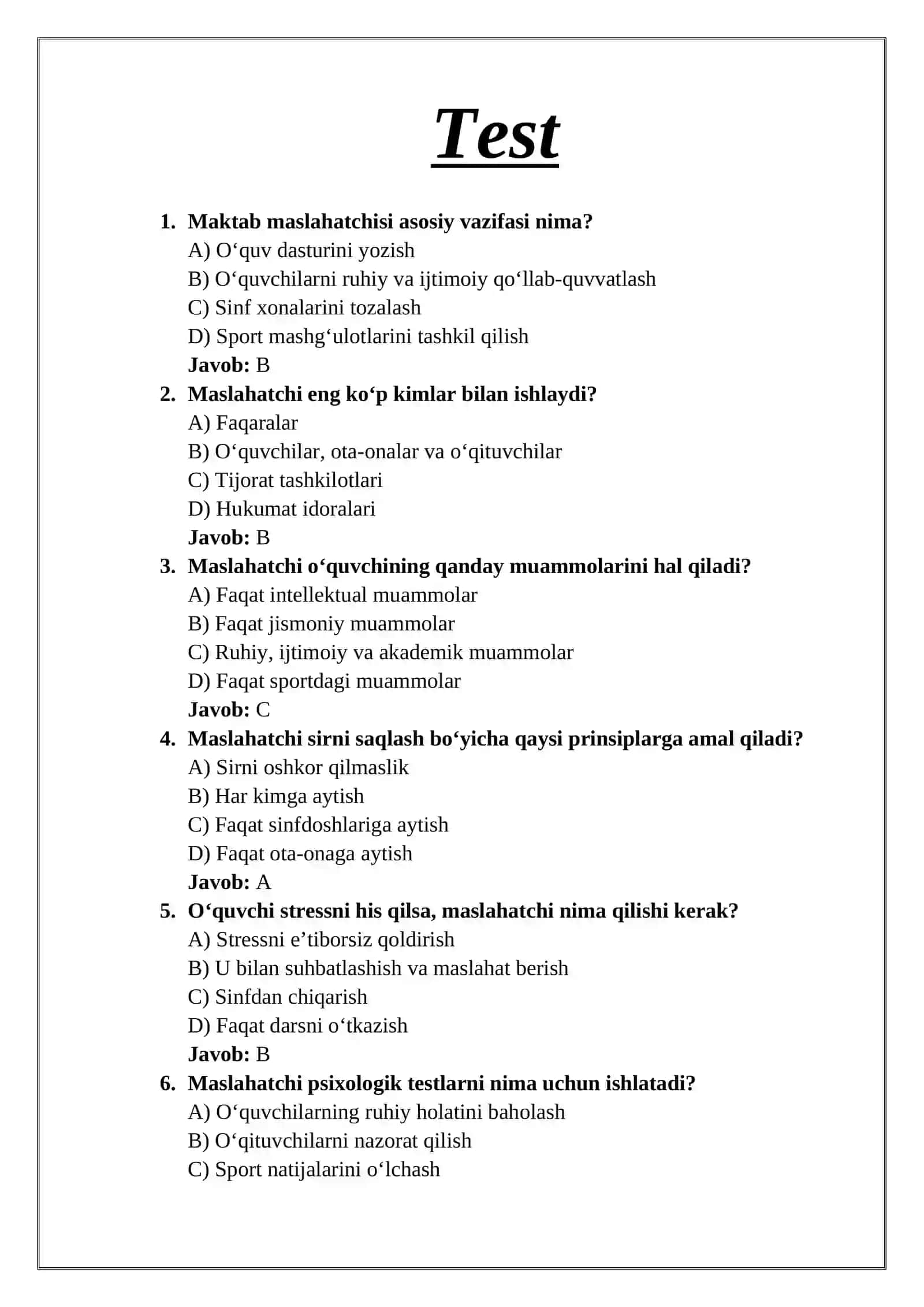 MAKTAB MASLAHATCHISI LAVOZIMI UCHUN TEST SAVOLLARI JAVOBLARI BILAN 2