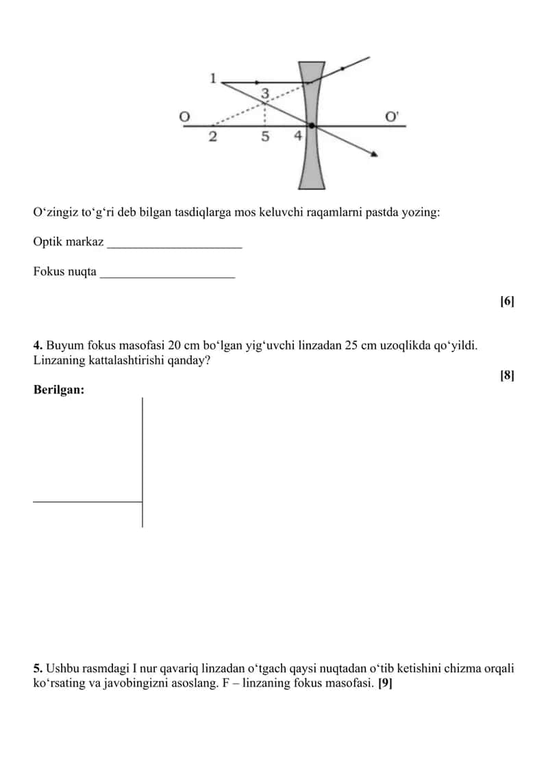 9-sinf o‘quvchilarining fizika fanini o‘zlashtirish darajasini aniqlash uchun test 2