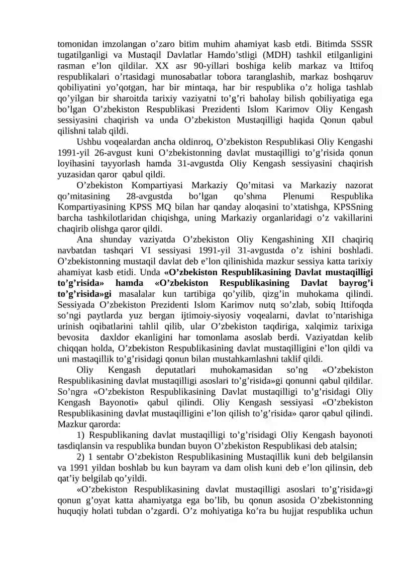 O’zbekistonning davlat mustaqilligining qo’lga kiritishi va uning tarixiy ahamiyati 2