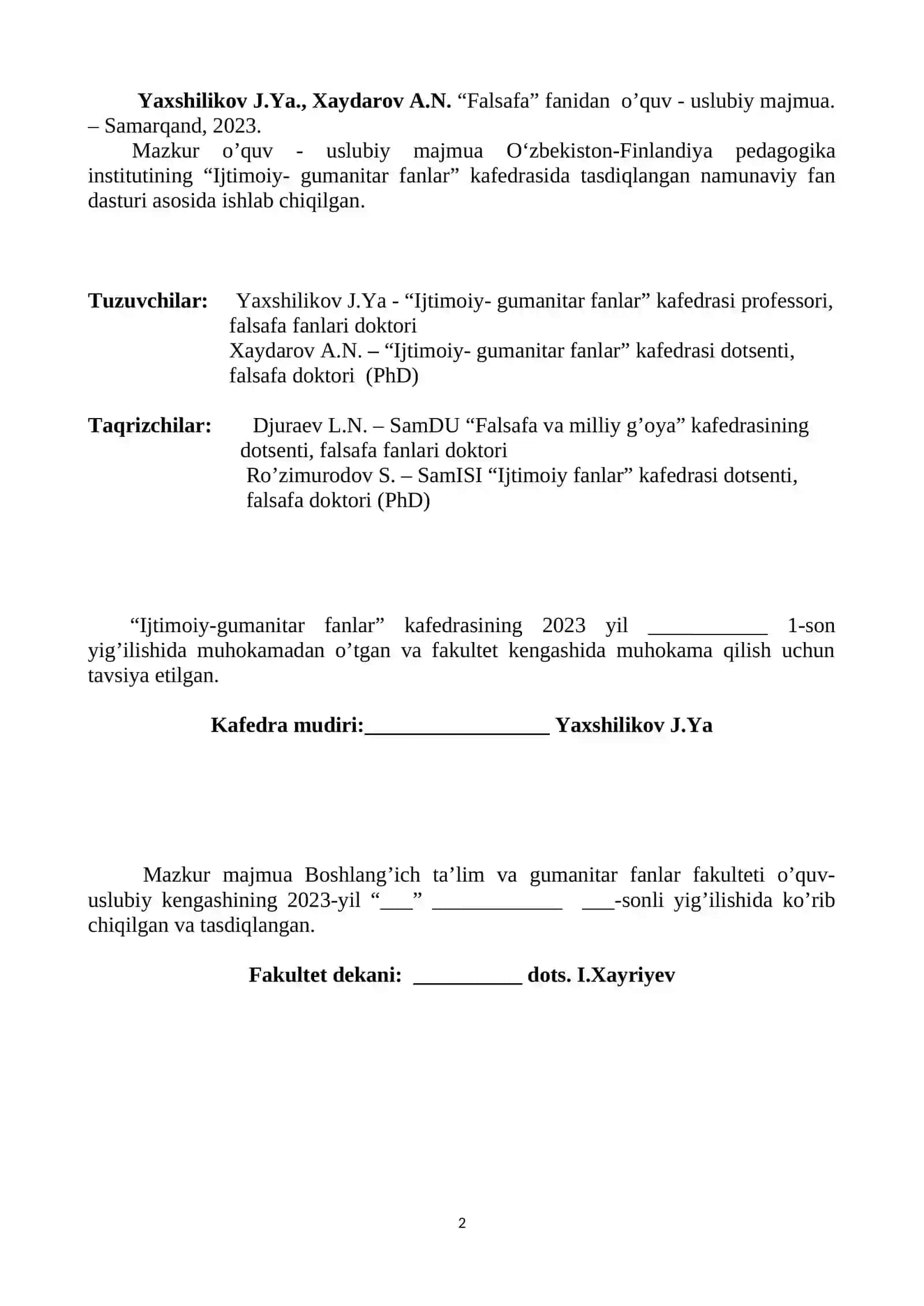 Falsafa Fanidan O‘quv-Uslubiy Majmua 2