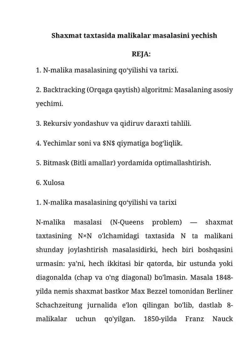 Shaxmat taxtasida malikalar masalasini yechish 2