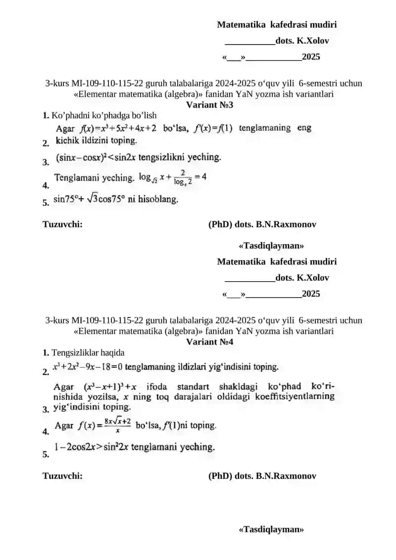 Elementar matematika (algebra) fanidan YaN yozma ish variantlari 2