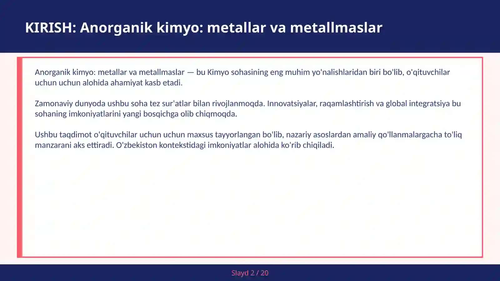 Anorganik Kimyo: Metallar va Metallmaslar 2