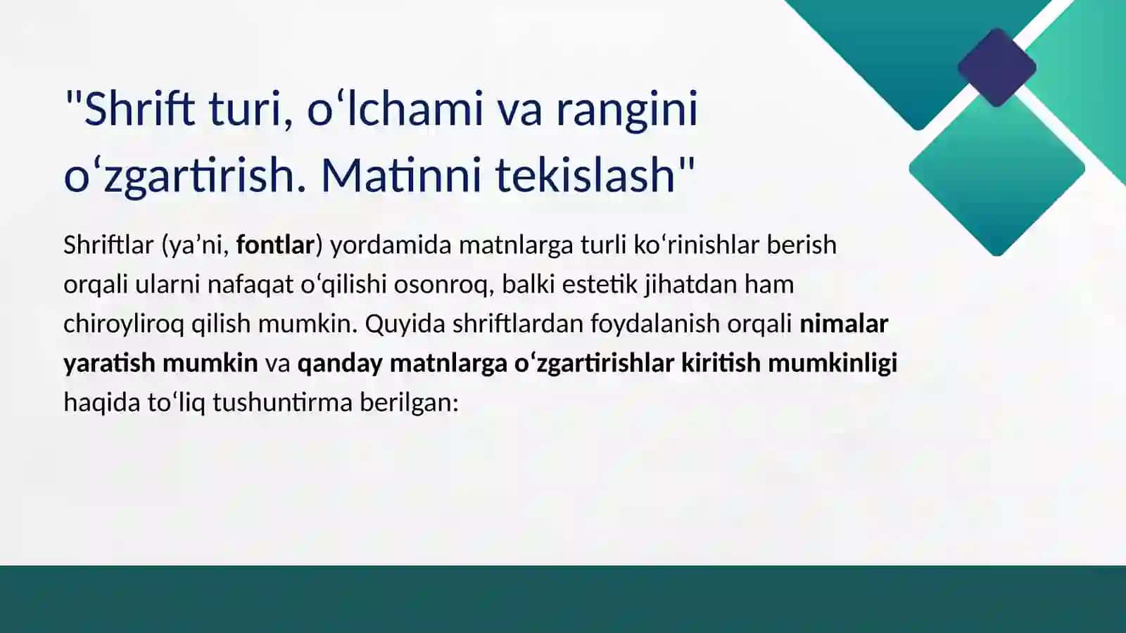 Shrift turi, o‘lchami va rangini o‘zgartirish. Matinni tekislash 2