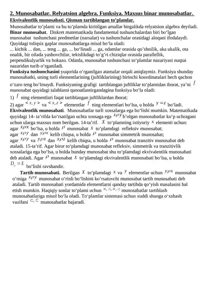 To’plamlar va ular ustida amallar. To’plamlar algebrasi. 2