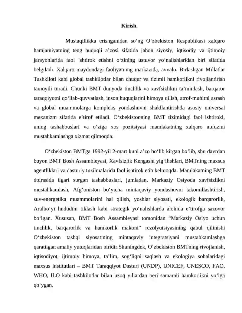 Oʻzbekistonning BMT va boshqa xalqaro tashkilotlar bilan hamkorligi 2
