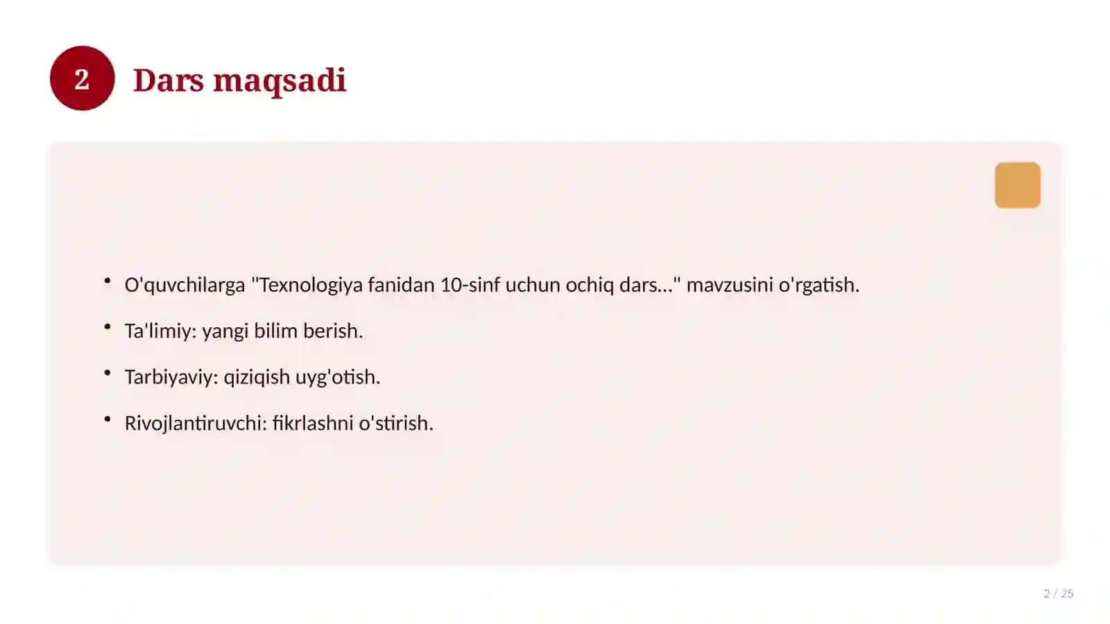 Texnologiya fanidan 10-sinf uchun ochiq dars ishlanmasi 2
