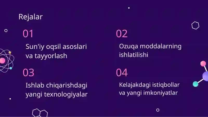 Sun'iy oqsil ozuqa moddalarning ishlab chiqarilishi va kelgusida kelgusidagi imkoniyatlar 2