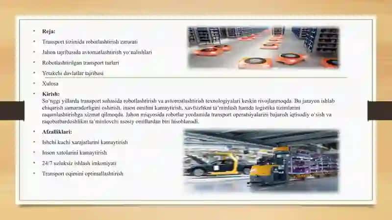 Transport operatsiyalarini robotlashtirishda jahon tajribasi 2