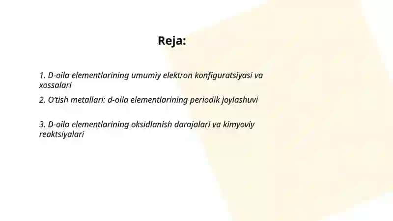 Elementar davriy sistemasidagi d-oila elementari va ularning ishlatilish sohalari 2