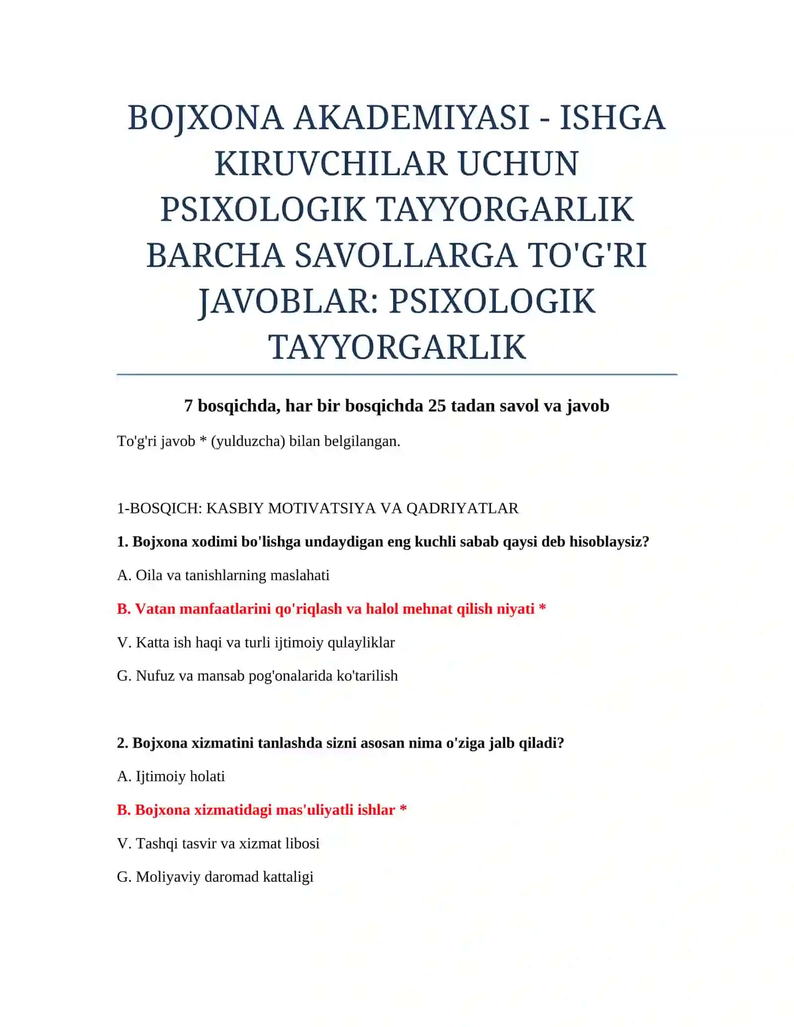 PSIXOLOGIK TAYYORGARLIK TESTLARI JAVOBLARI BILAN 2