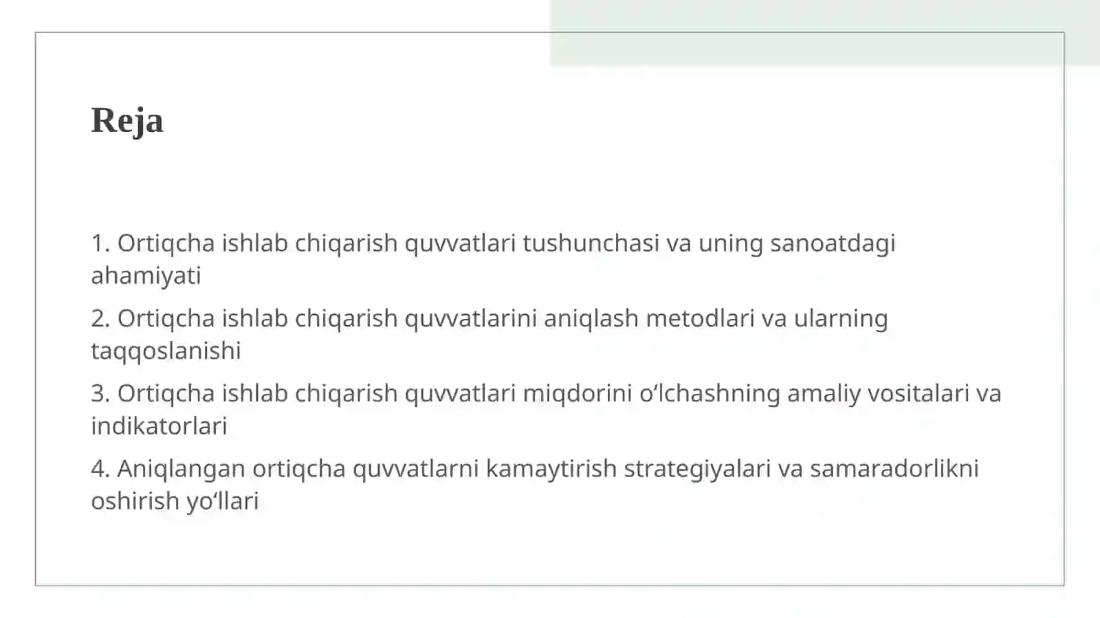 ORTIQCHA ISHLAB CHIQARISH QUVVATLARINING ANIQLANISHI 2