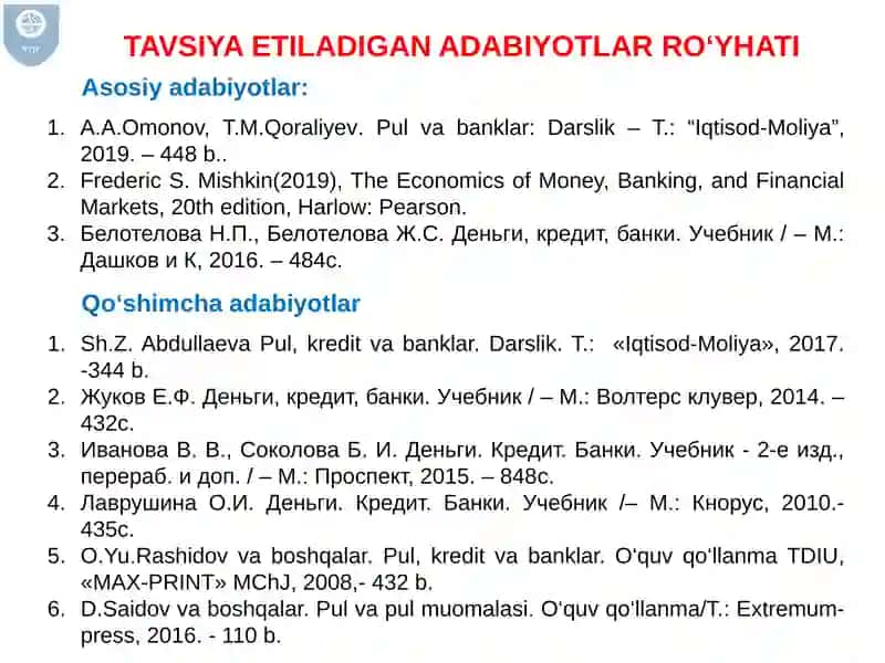 Pul muomalasini tashkil qilish va pul massasi 2