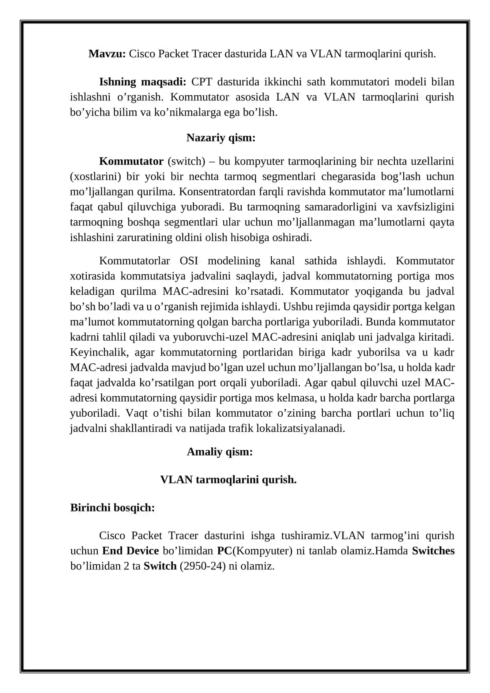 Cisco Packet Tracer dasturida LAN va VLAN tarmoqlarini qurish 2