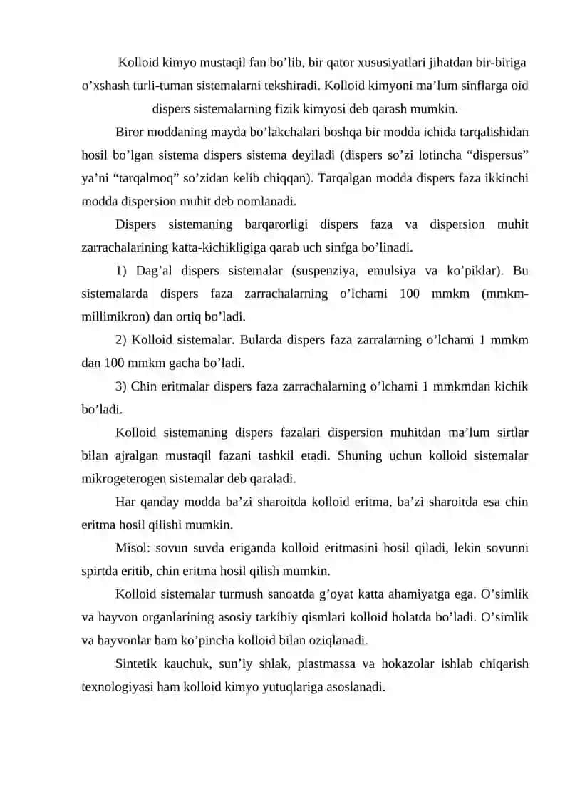 Kolloidlarning olinishi va xossalari 2