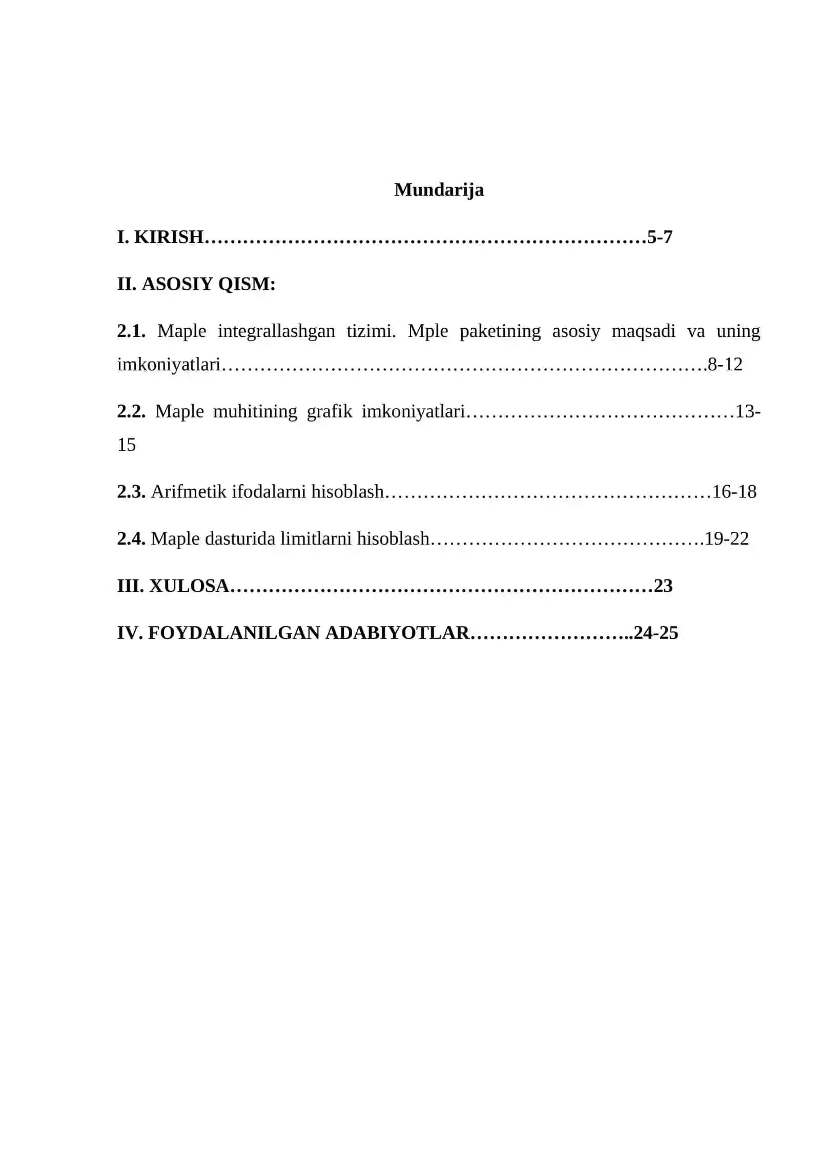 MAPLE DASTURIDAN FOYDALANIB LIMITLARNI HISOBLASH 2