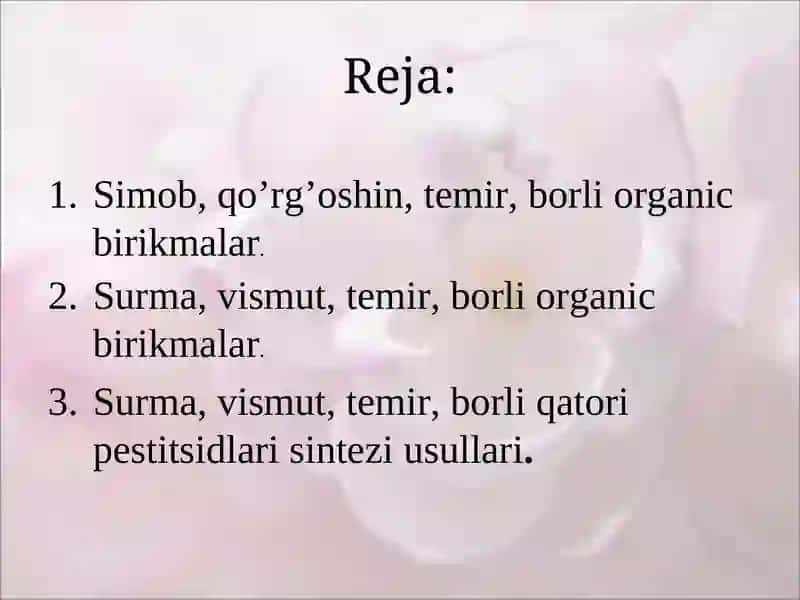 Simob, qo’rg’oshin, surma, vismut, temir, borli organic birikmalar. 2