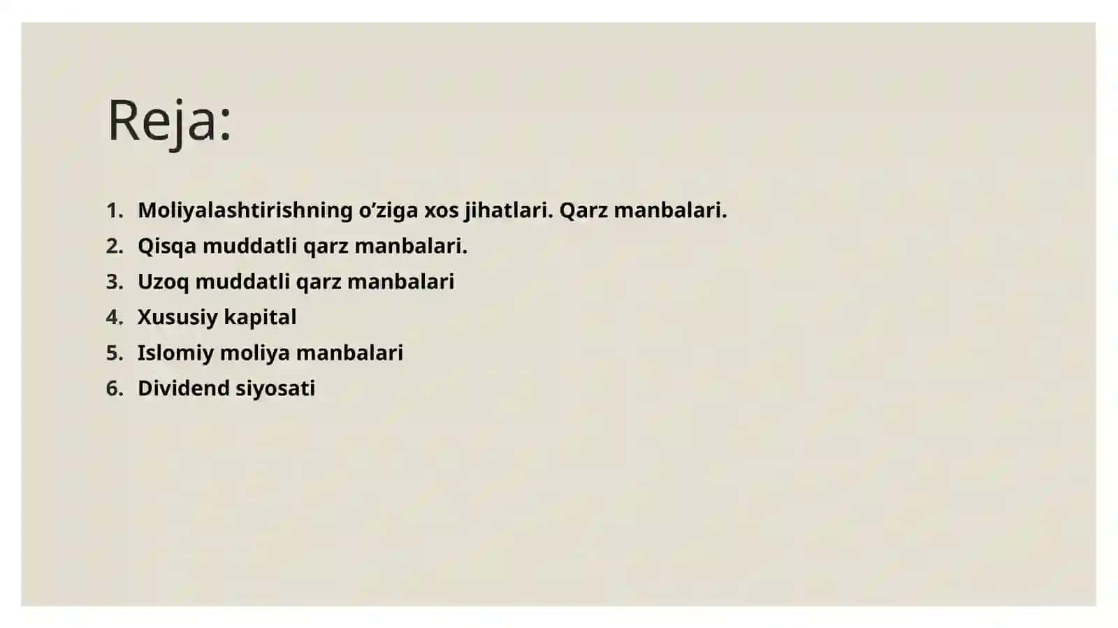 Moliyalashtirish manbalari va dividendsiyosati 2