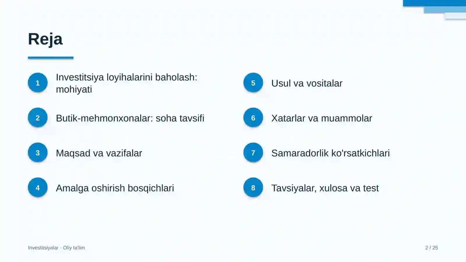 Investitsiyalar · Oliy ta'lim 2