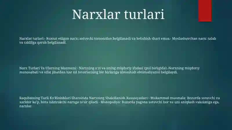 Narx Turlari Va Ularning Mazmuni, Raqobatning Turli Ko'Rinishlari Sharoitida Narxning Shakillanish Xususiyatlari 2