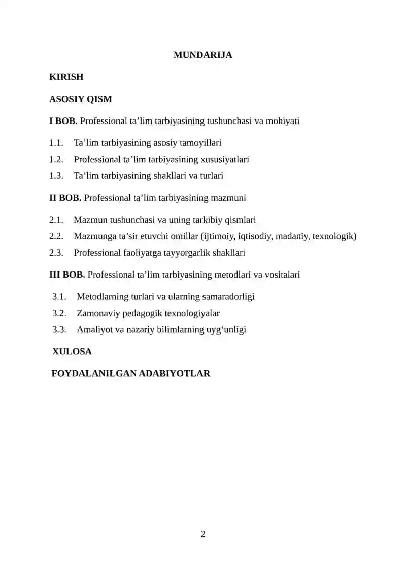 Professional ta’lim tarbiyasining mazmuni 2