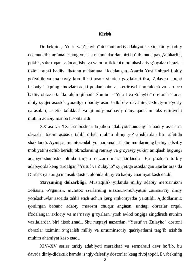 Durbekning Yusuf va Zulayho dostoni obrazlar tizimi 2